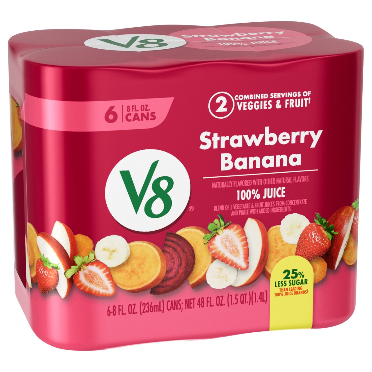 slide 7 of 13, V8 Strawberry Banana 100% Fruit and Vegetable Juice, 8 fl oz Can (6 Pack), 6 ct; 8 oz