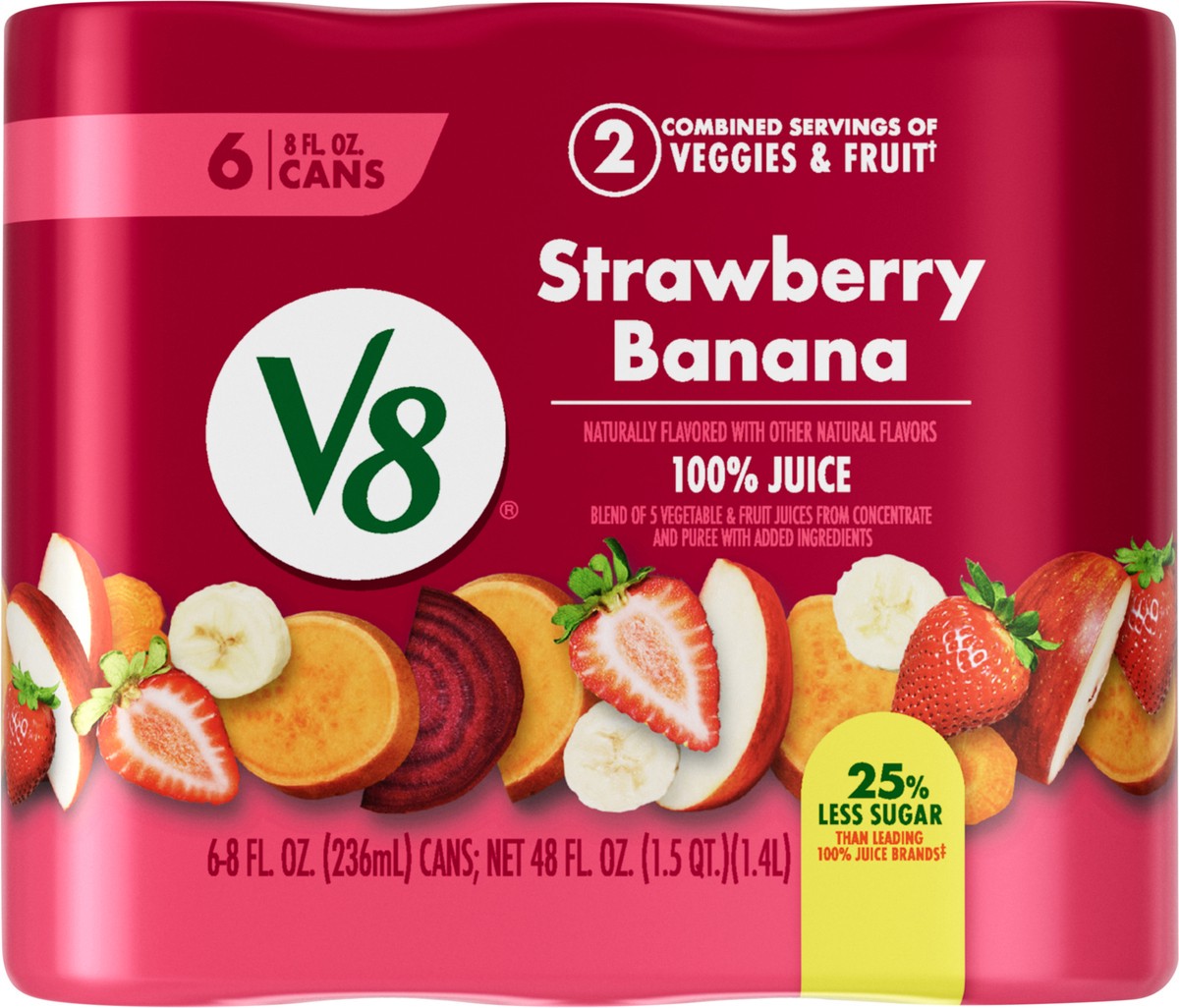 slide 3 of 13, V8 Strawberry Banana 100% Fruit and Vegetable Juice, 8 fl oz Can (6 Pack), 6 ct; 8 oz