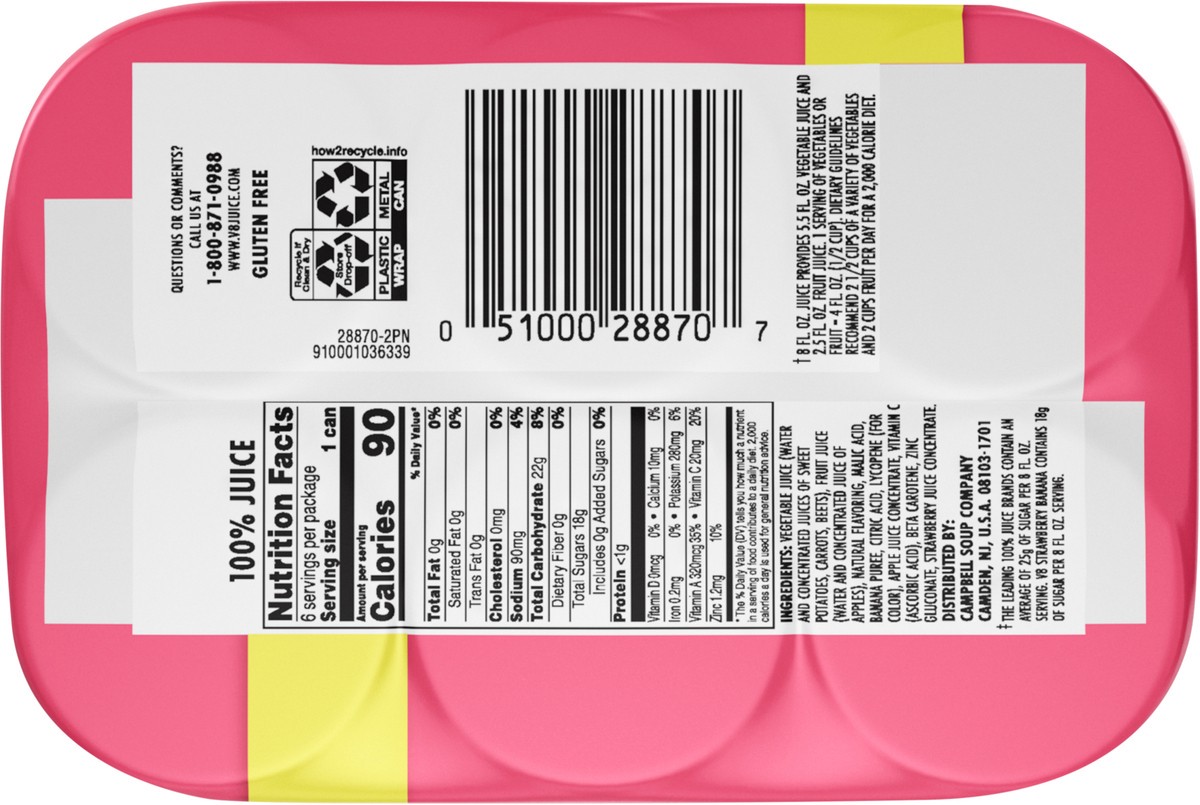 slide 8 of 13, V8 Strawberry Banana 100% Fruit and Vegetable Juice, 8 fl oz Can (6 Pack), 6 ct; 8 oz