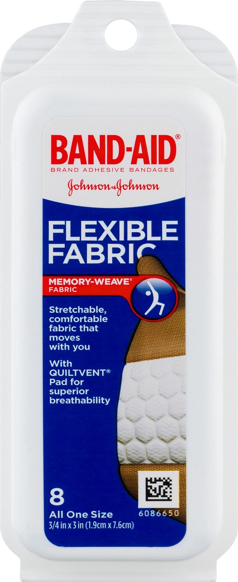 slide 6 of 7, BAND-AID Flexible Fabric Adhesive Bandages for Comfortable Flexible Protection & Wound Care of Minor Cuts & Scrapes, With Quilt-Aid Technology designed to Cushion Painful Wounds, All One Size, 8 ct, 8 ct