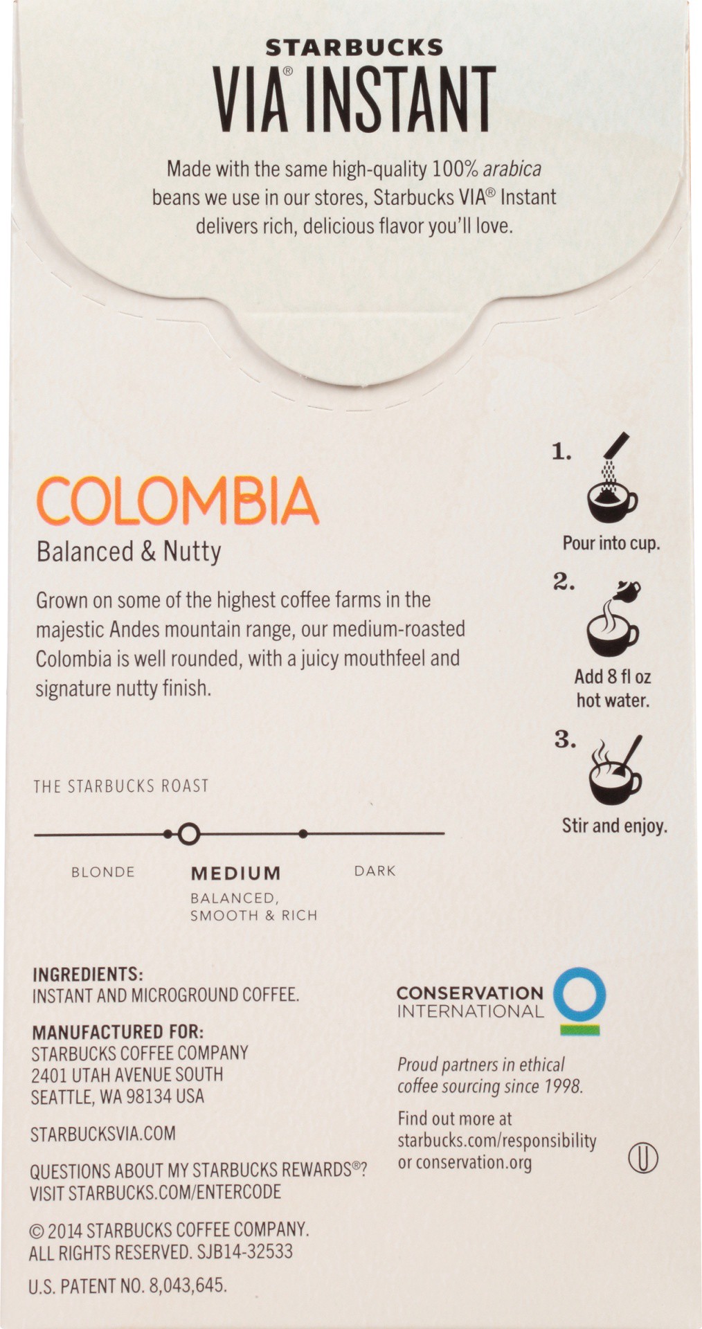 slide 7 of 7, Starbucks VIA Instant Coffee, Medium Roast Coffee, Single-Origin Colombia, 100% Arabica, Single-Serve, 1 Box (8 Packets), 0.11 oz