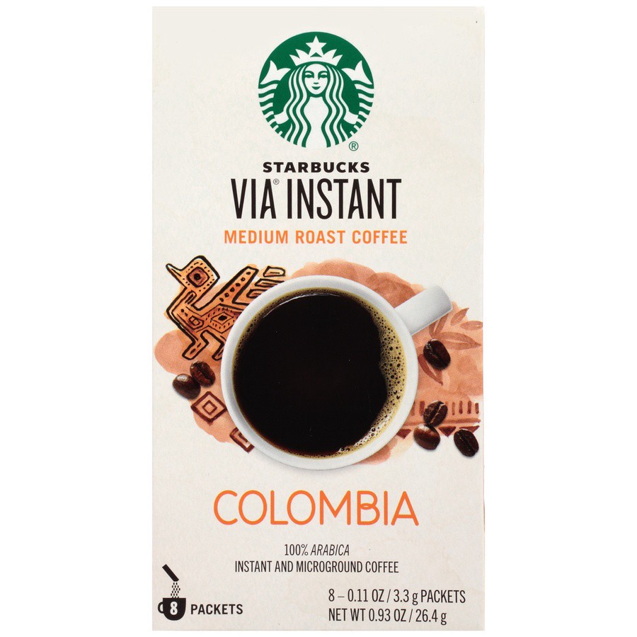 slide 1 of 7, Starbucks VIA Instant Coffee, Medium Roast Coffee, Single-Origin Colombia, 100% Arabica, Single-Serve, 1 Box (8 Packets), 0.11 oz