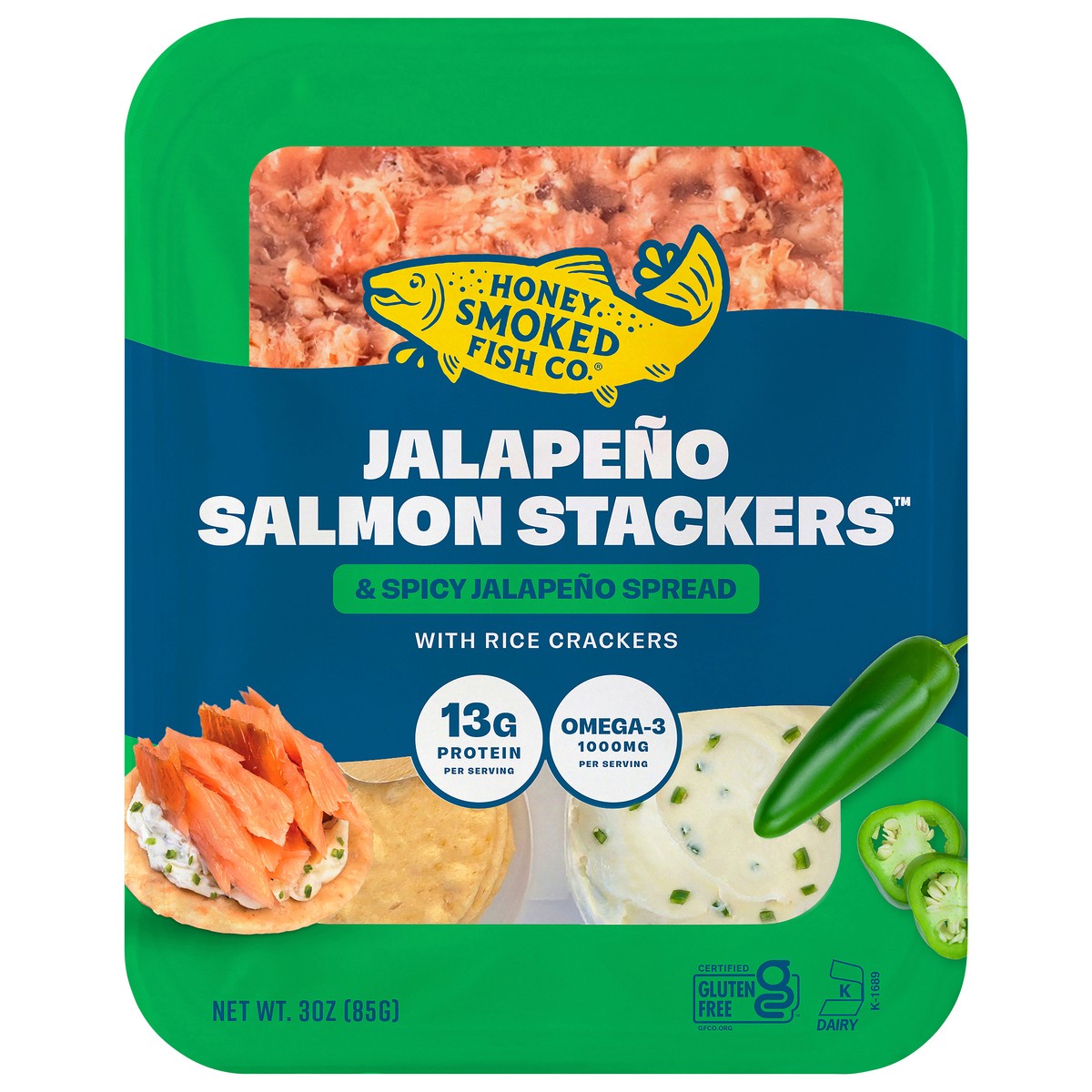 slide 1 of 9, Honey Smoked Fish Co. Honey Smoked Salmon 3 oz Jalapeño Salmon Stackers, 3 oz