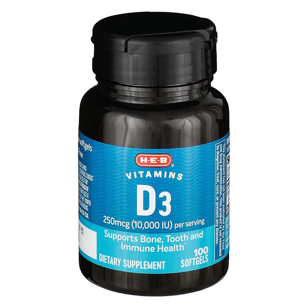 slide 1 of 1, H-E-B Vitamins D3 250 mcg (10,000 IU) Softgels, 100 ct
