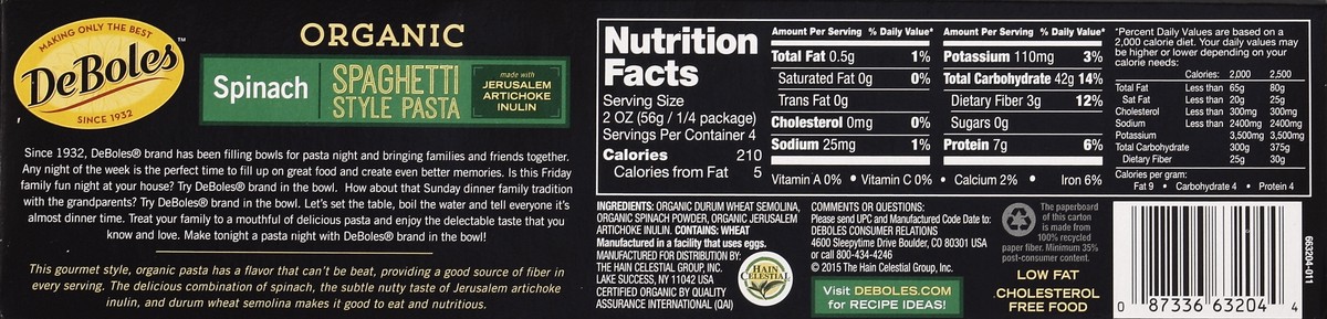 slide 6 of 6, DeBoles Organic Spinach Spaghetti Pasta, 8 oz