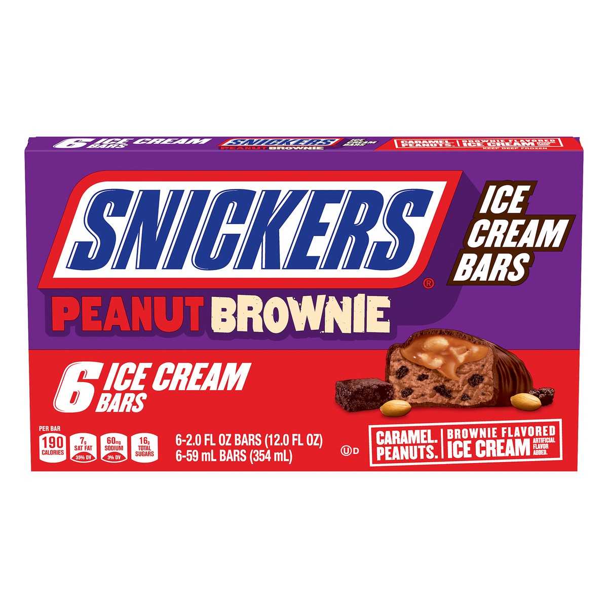 slide 1 of 9, SNICKERS Peanut Brownie Ice Cream Bars 6-Count Box, 12 fl oz