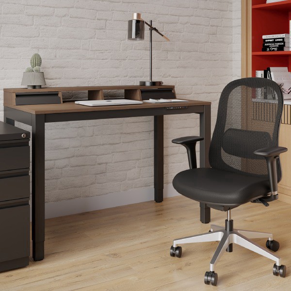 slide 3 of 10, Realspace® Bellano 48""W 4-Leg Electric Height-Adjustable Standing Desk with Hutch, Walnut/Black, BIFMA Compliant, 1 ct