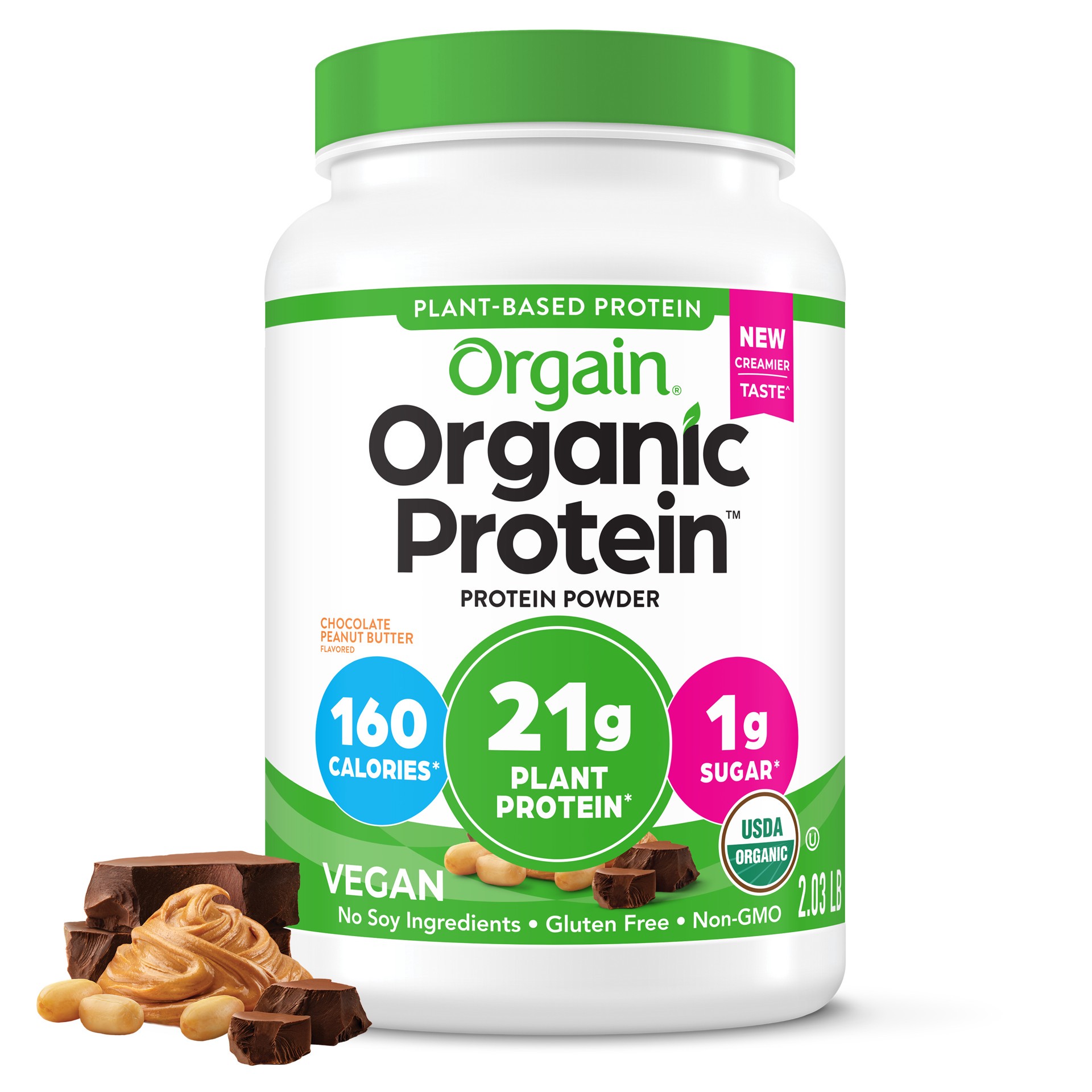 slide 1 of 10, Orgain Organic Vegan 21g Protein Powder, Plant Based Shake Drink, Chocolate Peanut Butter 2.03lb, 2.03 lb