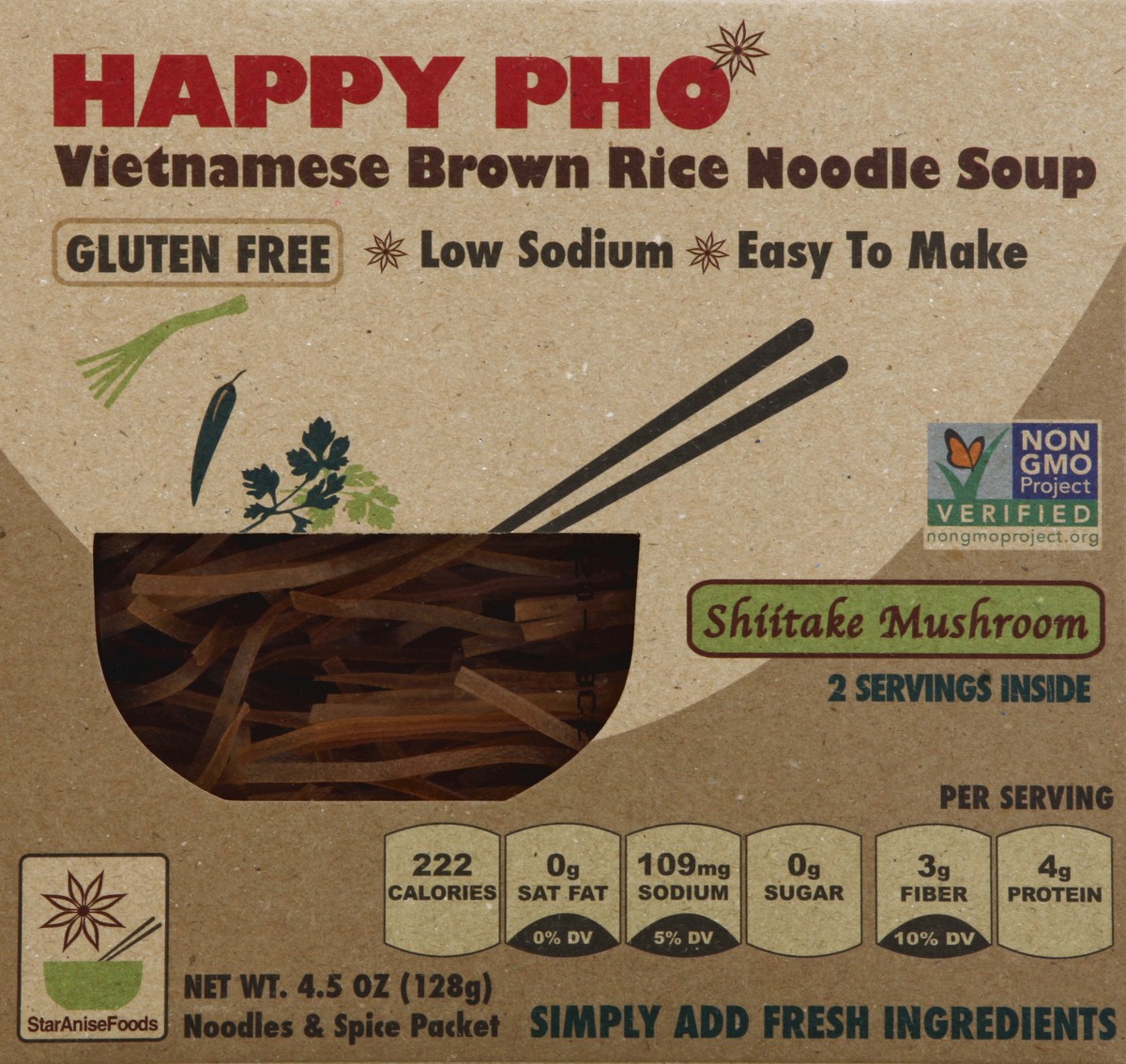 slide 4 of 4, Happy Pho Vietnamese Brown Rice Noodle Soup, Shiitake Mushroom, 4.5 oz