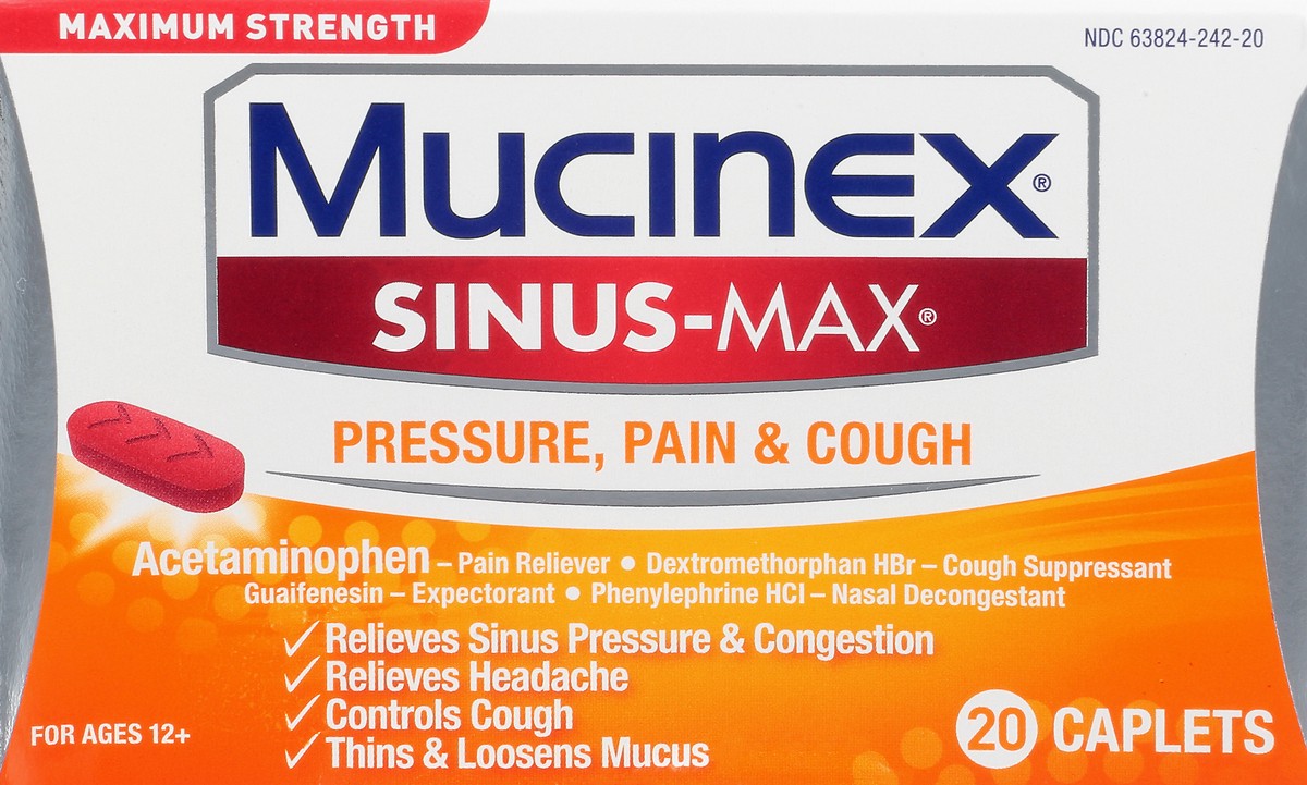 slide 1 of 9, Mucinex Sinus-Max Maximum Strength Caplets Pressure, Pain & Cough 20 ea, 20 ct
