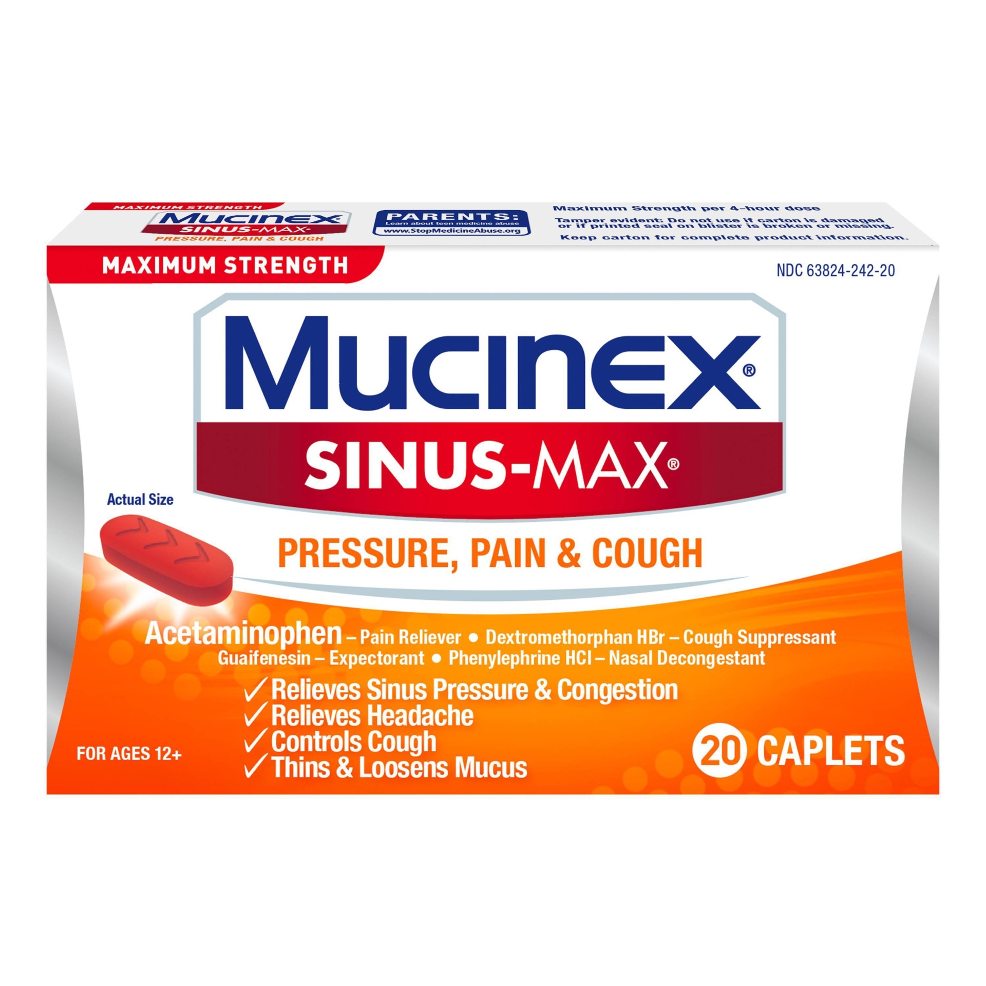 slide 1 of 3, Mucinex Sinus-Max Pressure Pain And Cough Caplets, 20 ct