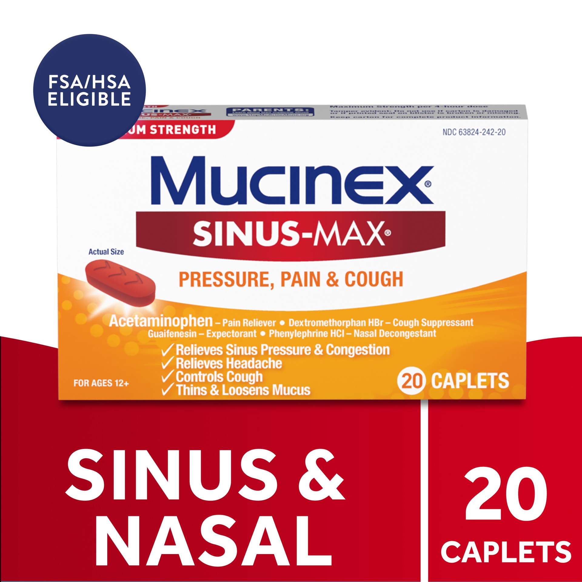 slide 1 of 9, Mucinex Maximum Strength Mucinex Sinus-Max Pressure, Pain & Cough Caplets, 20 ct, 20 oz