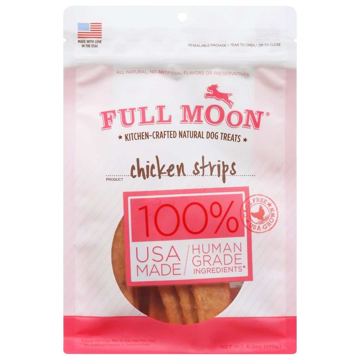 slide 1 of 9, Full Moon Dog Treat Chicken Strips Dog Treat, 6 oz