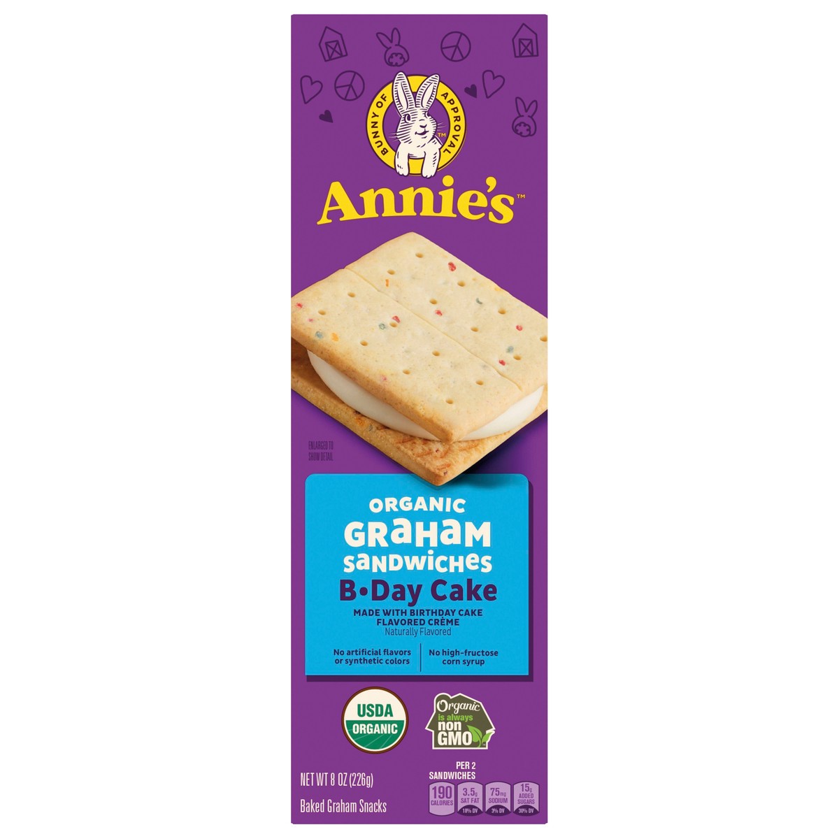 slide 1 of 9, Annie's Organic B-Day Cake Graham Sandwich Cookies, Birthday Cake Flavored Creme, 12 Cookies, 8 oz, 8 oz