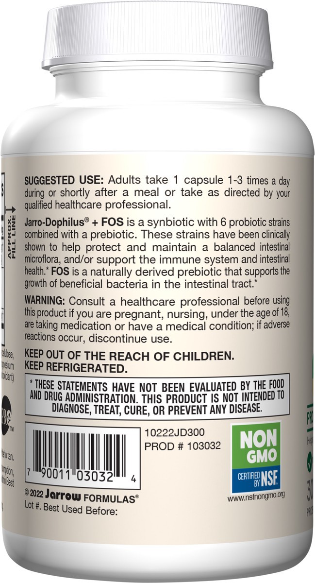slide 3 of 5, Jarrow Formulas Jarro-Dophilus + FOS - 3.4 Billion CFU Per Serving - Prebiotic & Probiotics Supplement for Immune & Intestine Support - Up to 300 Servings (Veggie Caps), 1 ct