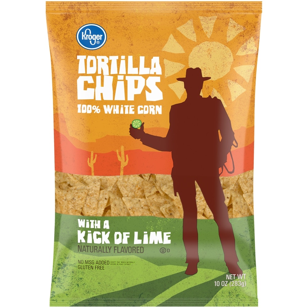 slide 1 of 1, Kroger 100% White Corn Tortilla Chips With A Hint Of Lime, 10 oz