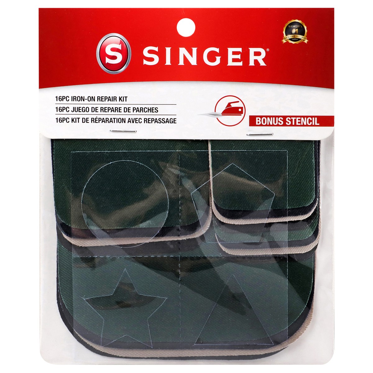slide 2 of 3, SINGER Fabric Iron-On Twill Patches Set in Assorted Sizes and Colors with Stencil, 1 ct