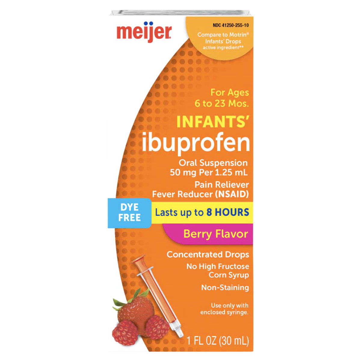 slide 1 of 29, Meijer Infants’ Concentrated Drops, Ibuprofen Oral Suspension per, Pain Reliever and Fever Reducer, Dye-Free, 50 mg, 1.25 ml, 1 oz