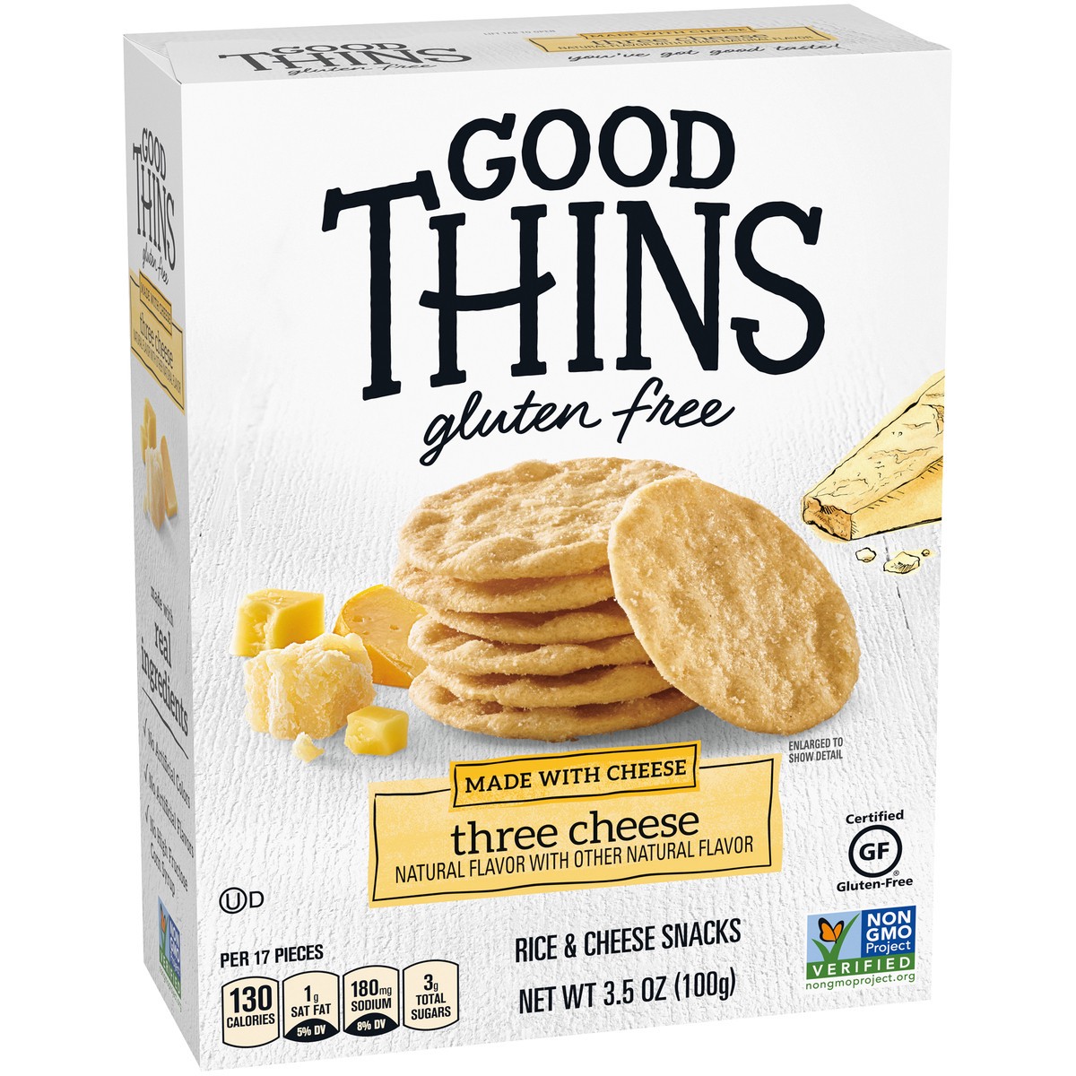 slide 2 of 9, GOOD THiNS Gluten Free Three Cheese Rice & Cheese Snacks 3.5 oz. Box, 3.5 oz