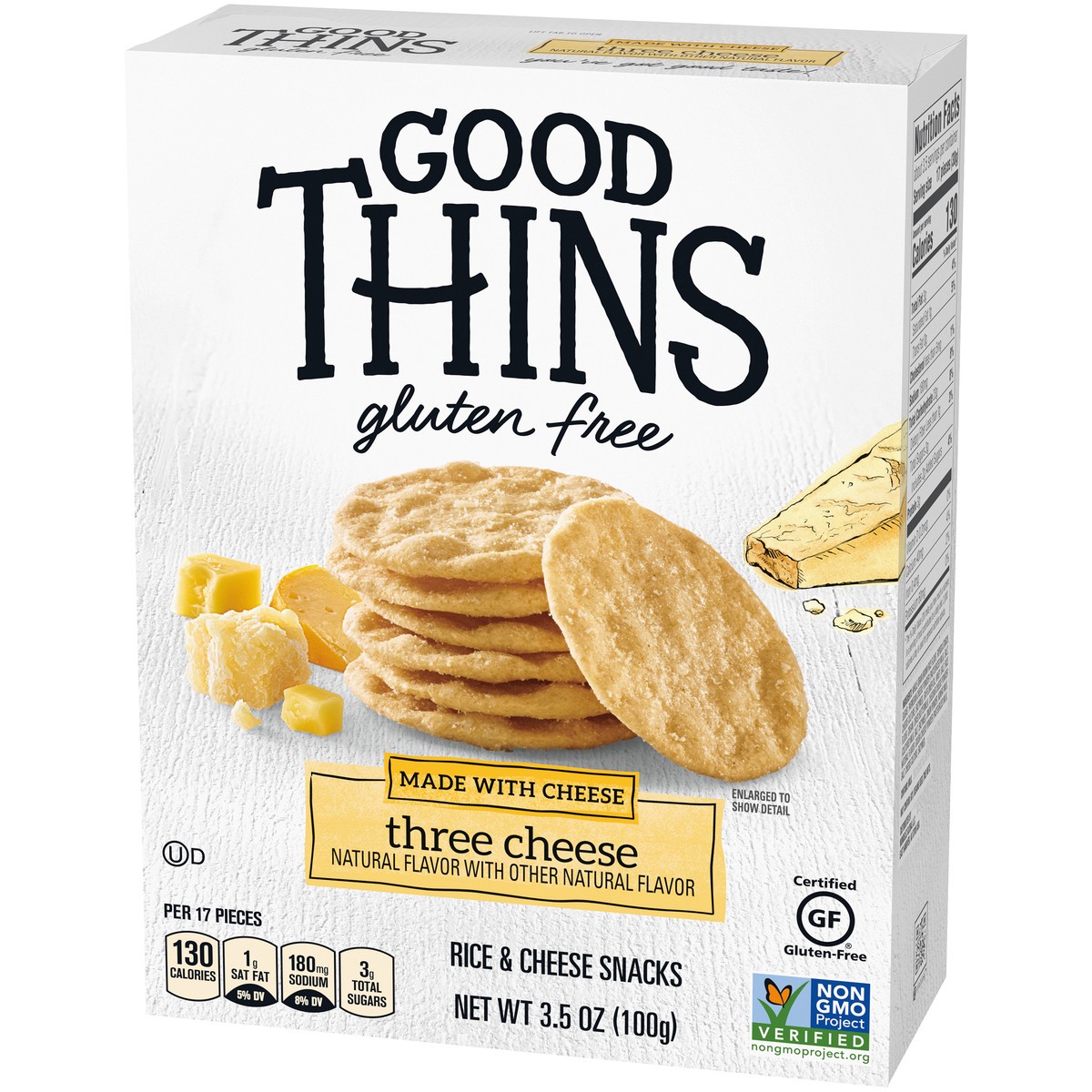 slide 3 of 9, GOOD THiNS Gluten Free Three Cheese Rice & Cheese Snacks 3.5 oz. Box, 3.5 oz