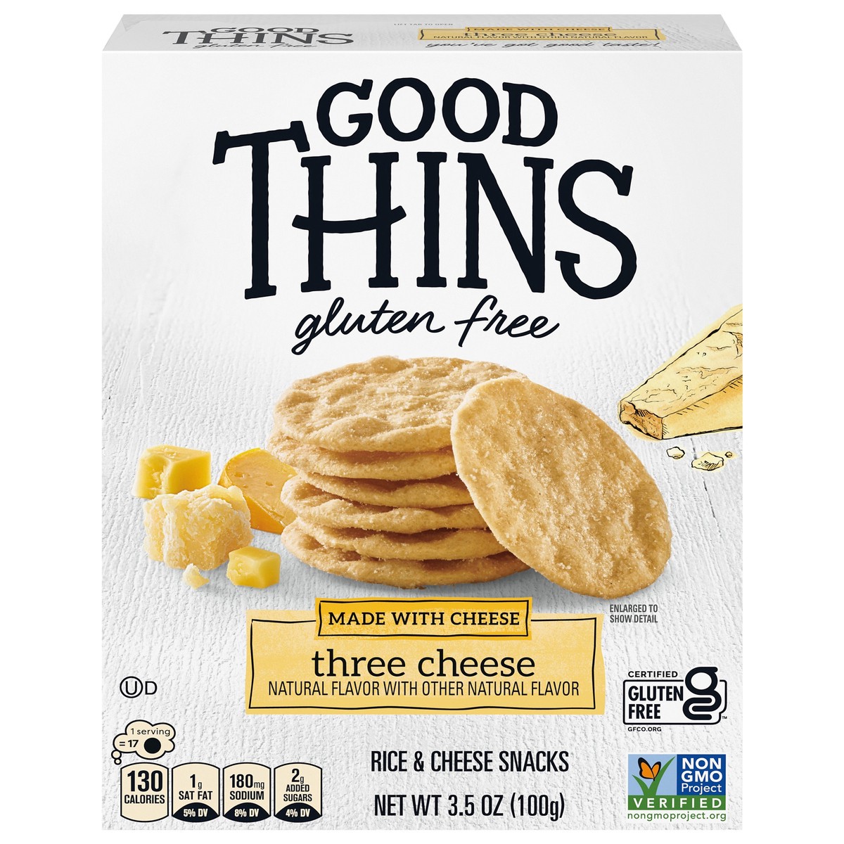 slide 1 of 9, GOOD THINS Three Cheese Rice & Cheese Snacks Gluten Free Crackers, Snack Crackers, 3.5 oz, 3.5 oz