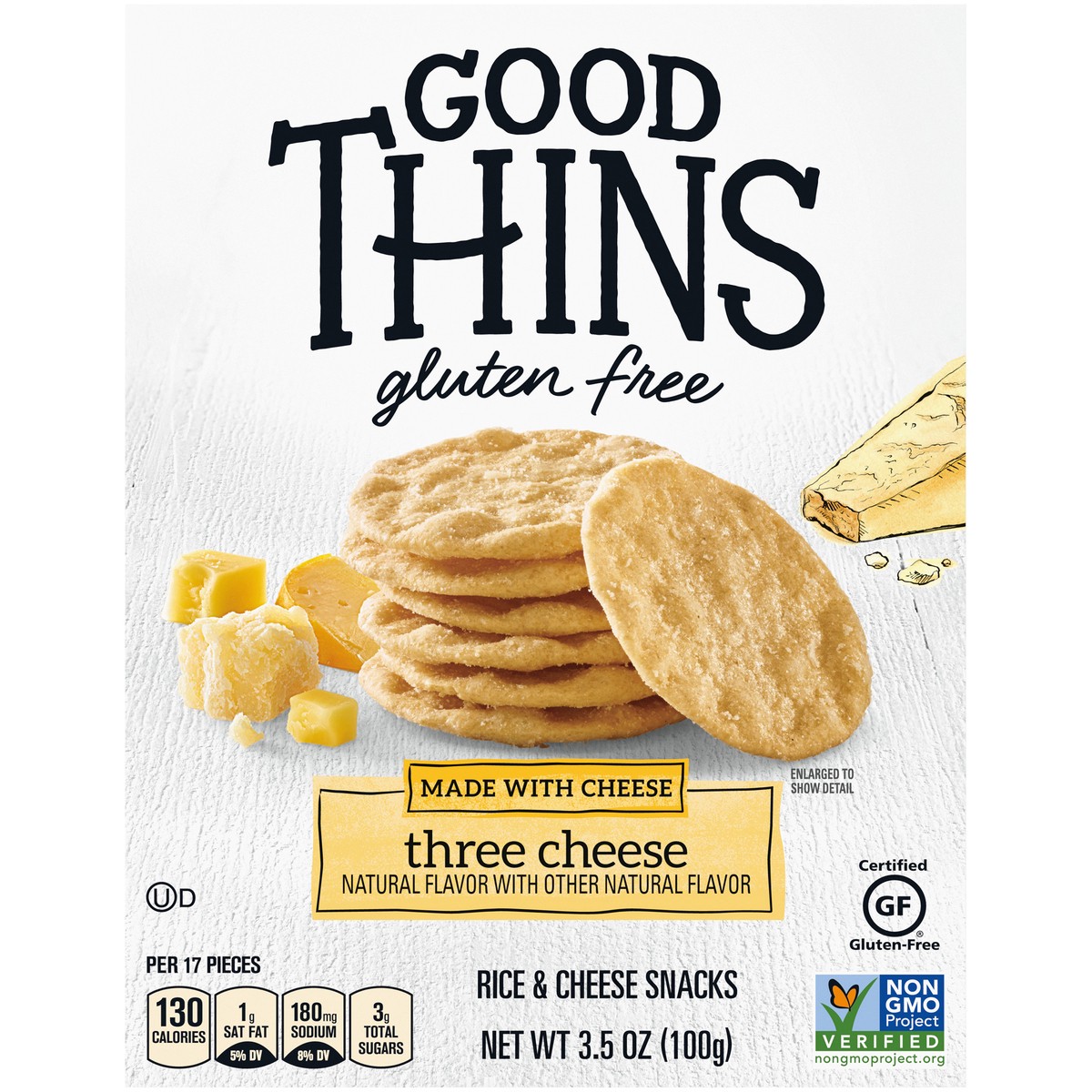 slide 1 of 9, GOOD THiNS Gluten Free Three Cheese Rice & Cheese Snacks 3.5 oz. Box, 3.5 oz