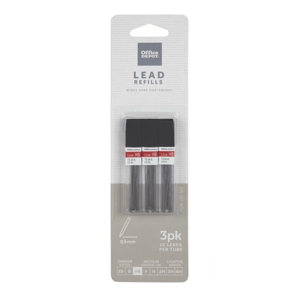 slide 1 of 2, Office Depot Brand Lead Refills, 0.5 Mm, Hb Hardness, Tube Of 12 Leads, Pack Of 3 Tubes, 3 ct