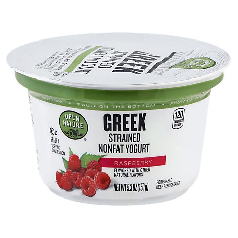 slide 1 of 1, Open Nature Yogurt Greek Nonfat Strained Fruit On The Bottom Raspberry, 5.3 oz