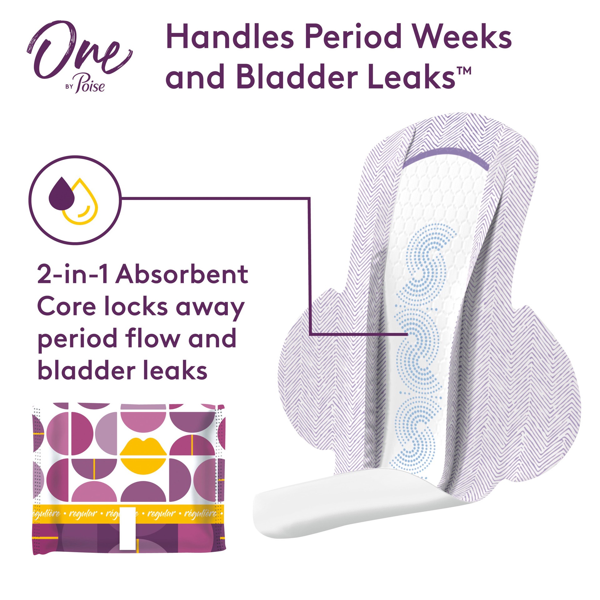 slide 5 of 5, One by Poise 2-in-1 Ultra Thin Regular Pads with Wings 22 Pads, 22 ct