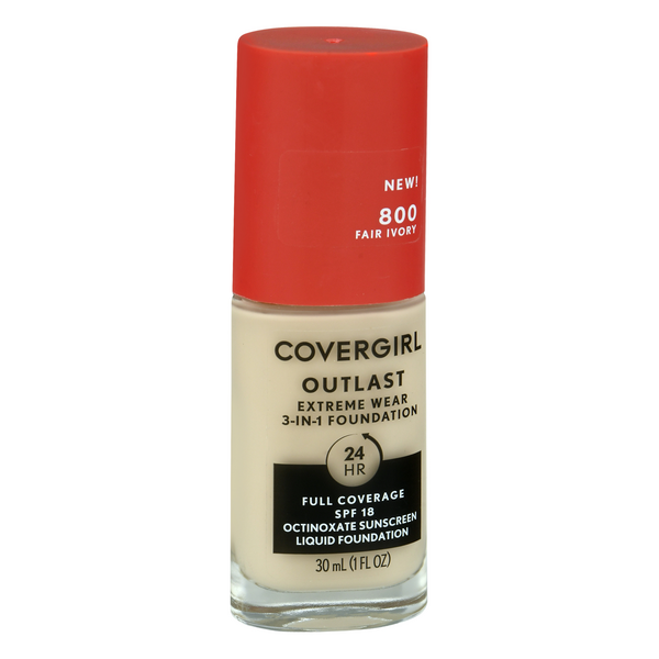 slide 1 of 1, Covergirl Outlast Extreme Wear 3-In-1 Liquid Foundation, Fair Ivory 800, Spf18, 1 fl oz