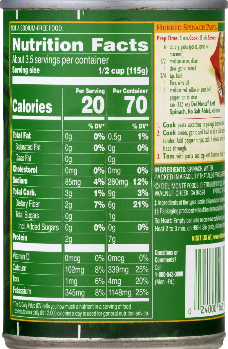 slide 10 of 12, Del Monte No Salt Added Leaf Spinach 13.5 oz, 13.5 oz