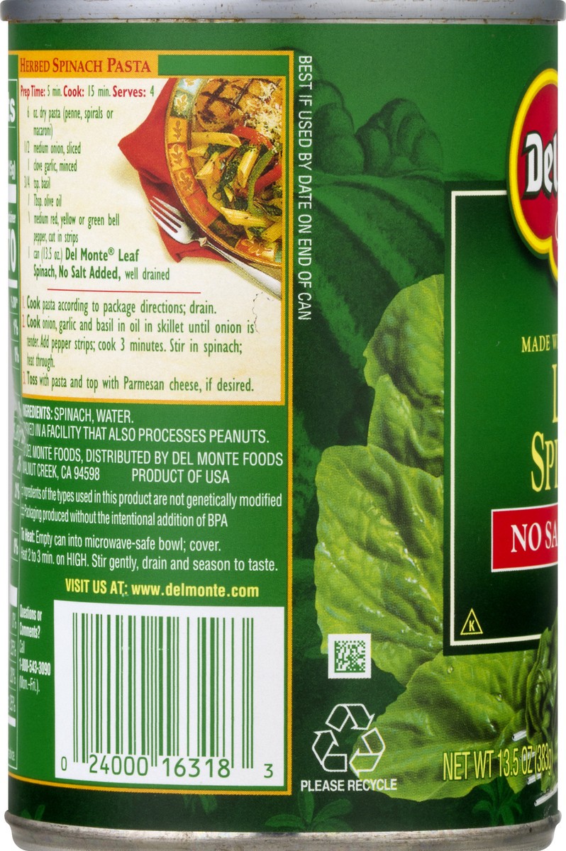 slide 8 of 12, Del Monte No Salt Added Leaf Spinach 13.5 oz, 13.5 oz