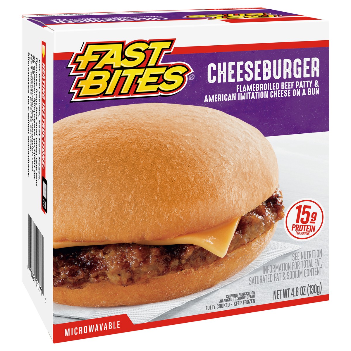 slide 4 of 9, Fast Bites Flamebroiled Beef Cheeseburger, 4.6 oz (Frozen), 130.41 g