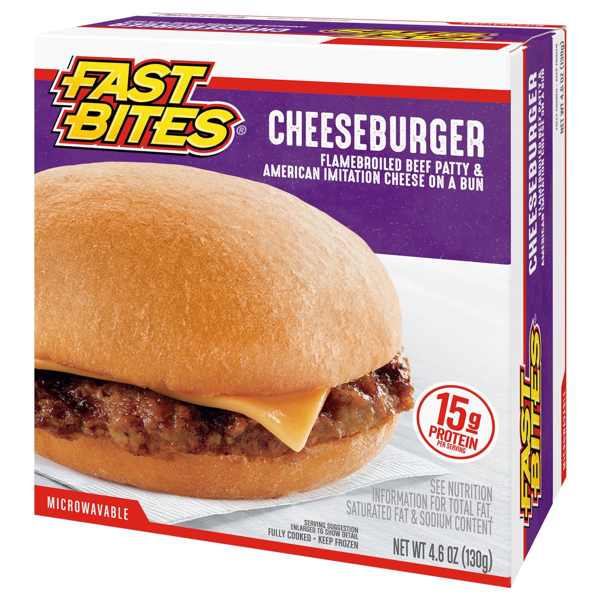 slide 2 of 9, Fast Bites Flamebroiled Beef Cheeseburger, 4.6 oz (Frozen), 130.41 g