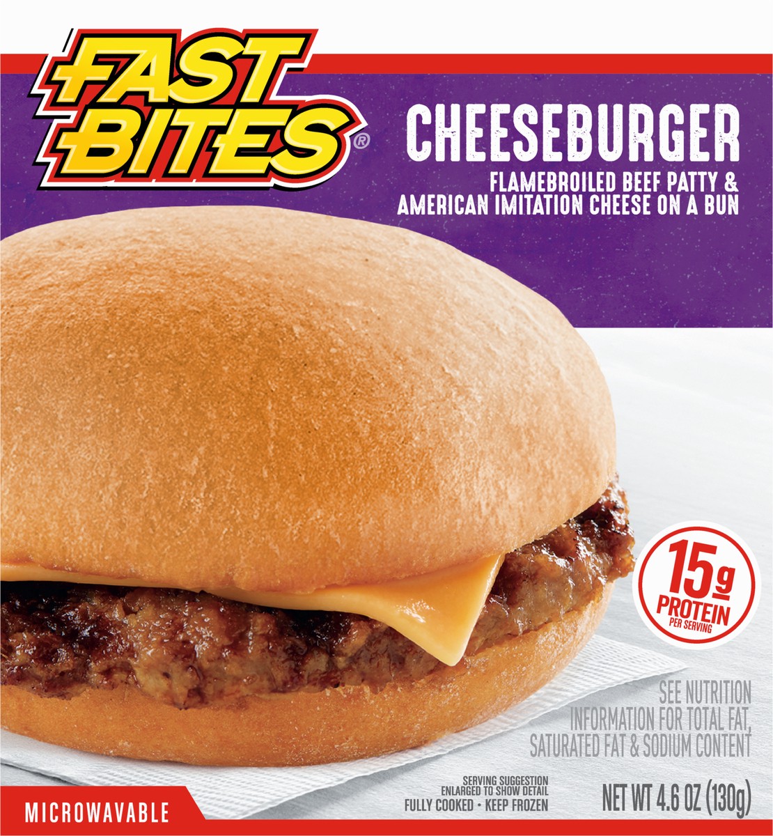 slide 3 of 9, Fast Bites Flamebroiled Beef Cheeseburger, 4.6 oz (Frozen), 130.41 g
