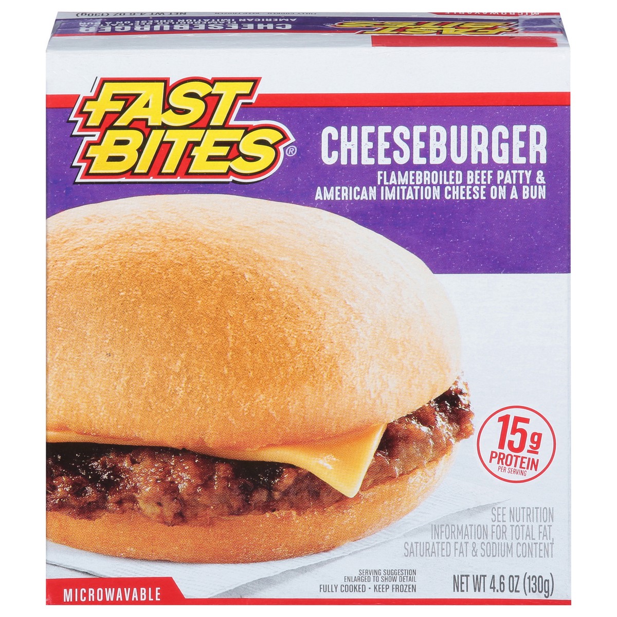 slide 1 of 9, Fast Bites Flamebroiled Beef Cheeseburger, 4.6 oz (Frozen), 130.41 g