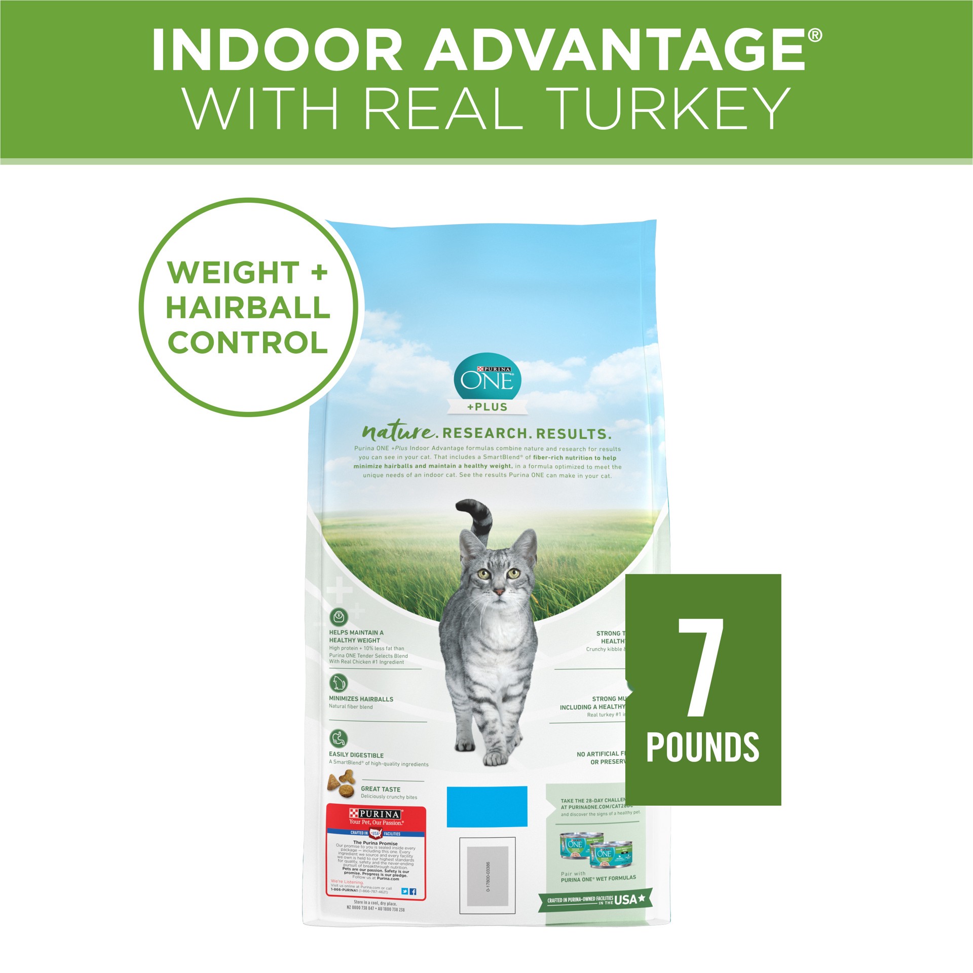 slide 6 of 9, ONE Purina ONE Natural, Low Fat, Weight Control, Indoor Dry Cat Food, +Plus Indoor Advantage, 7 lb