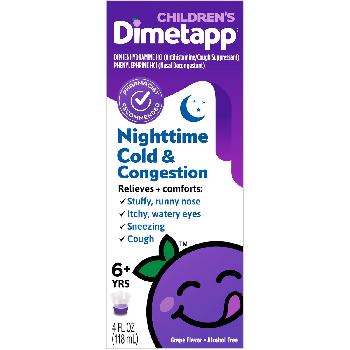 slide 4 of 7, Dimetapp Children's Dimetapp Nighttime Cold & Congestion, Grape Flavor, 4.1 ct