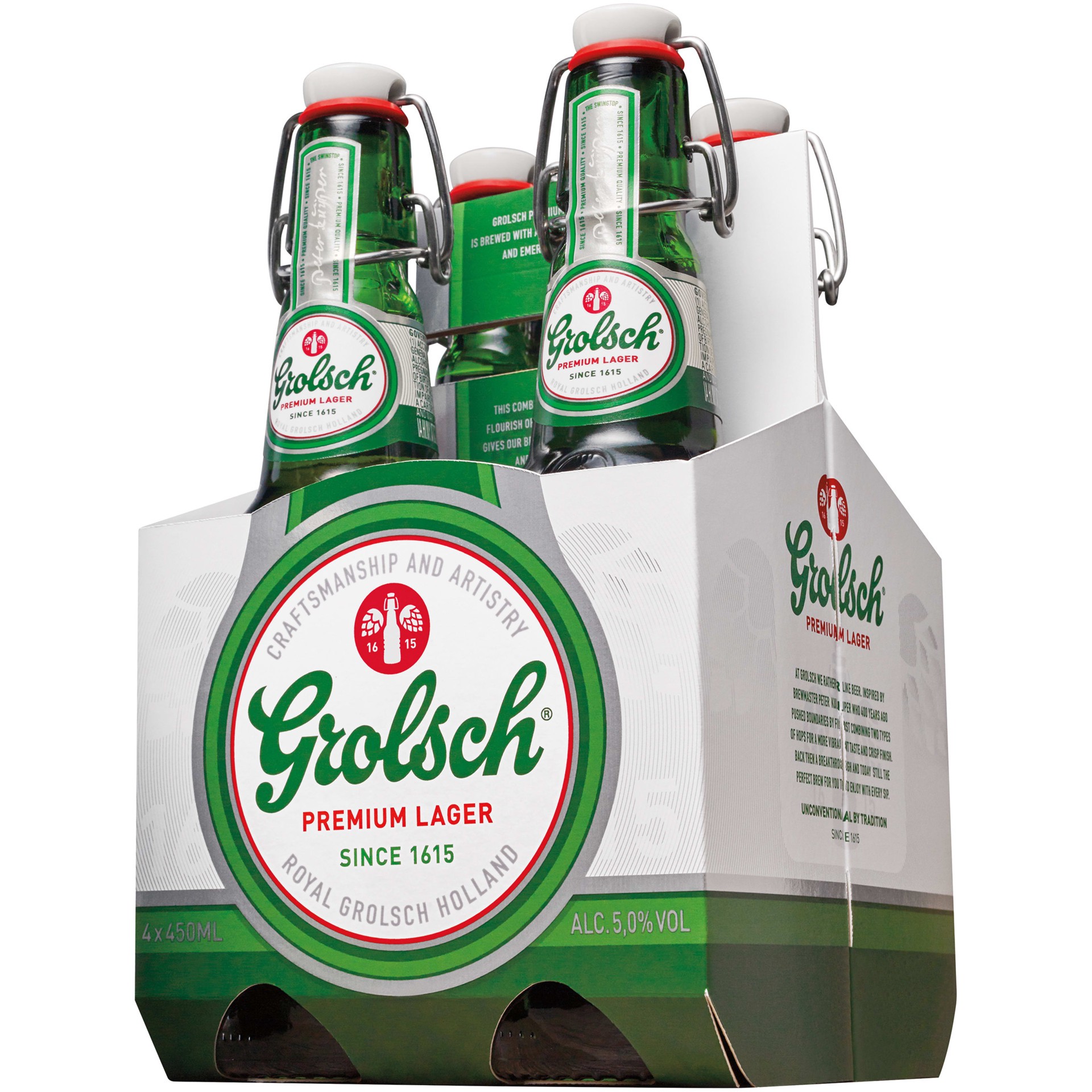 slide 2 of 2, Grolsch Premium Lager Grolsch Swingtop Pilsner Beer, 4 Pack, 16 fl. oz. Bottles, 5% ABV, 15.20 fl oz