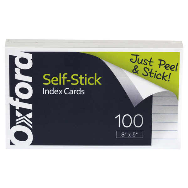 slide 1 of 1, Oxford Self-Stick Ruled White Index Cards, 100 ct; 3 in x 5 in