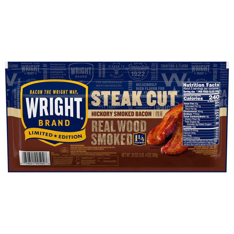 slide 1 of 1, Wright Bacon, Steak Cut, Hickory Smoked, 20 oz