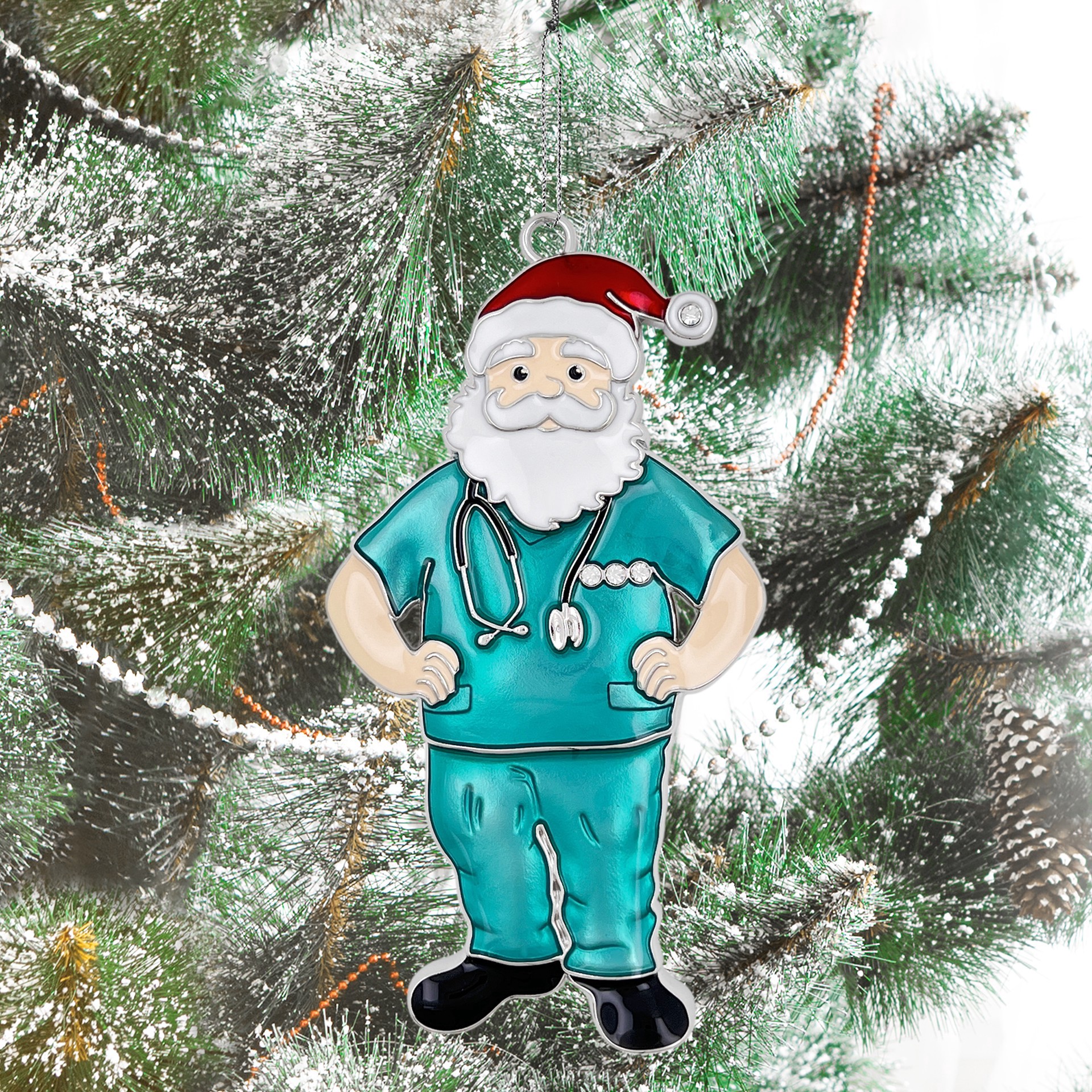 slide 3 of 3, 4" Teal Doctor Santa Metal Ornament By Ashland, 2.23 in x 0.32 in x 4 in