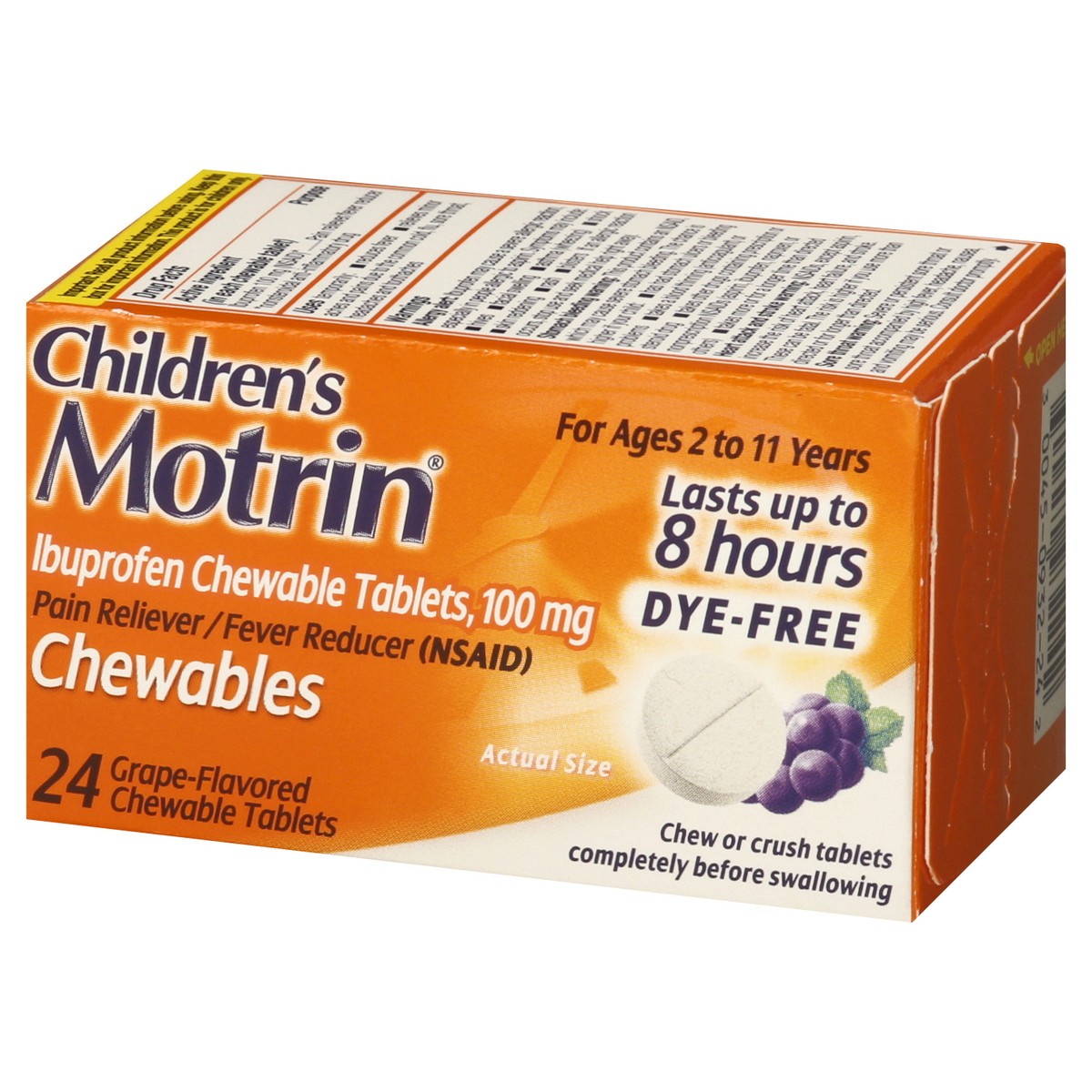 slide 2 of 11, Children's Motrin Dye-Free Chewable Tablets with Ibuprofen, Kids' Fever Reducer & Pain Reliever for Sore Throat, Fever, Toothache & Pain Relief, Grape Flavor, 24 ct, 24 ct