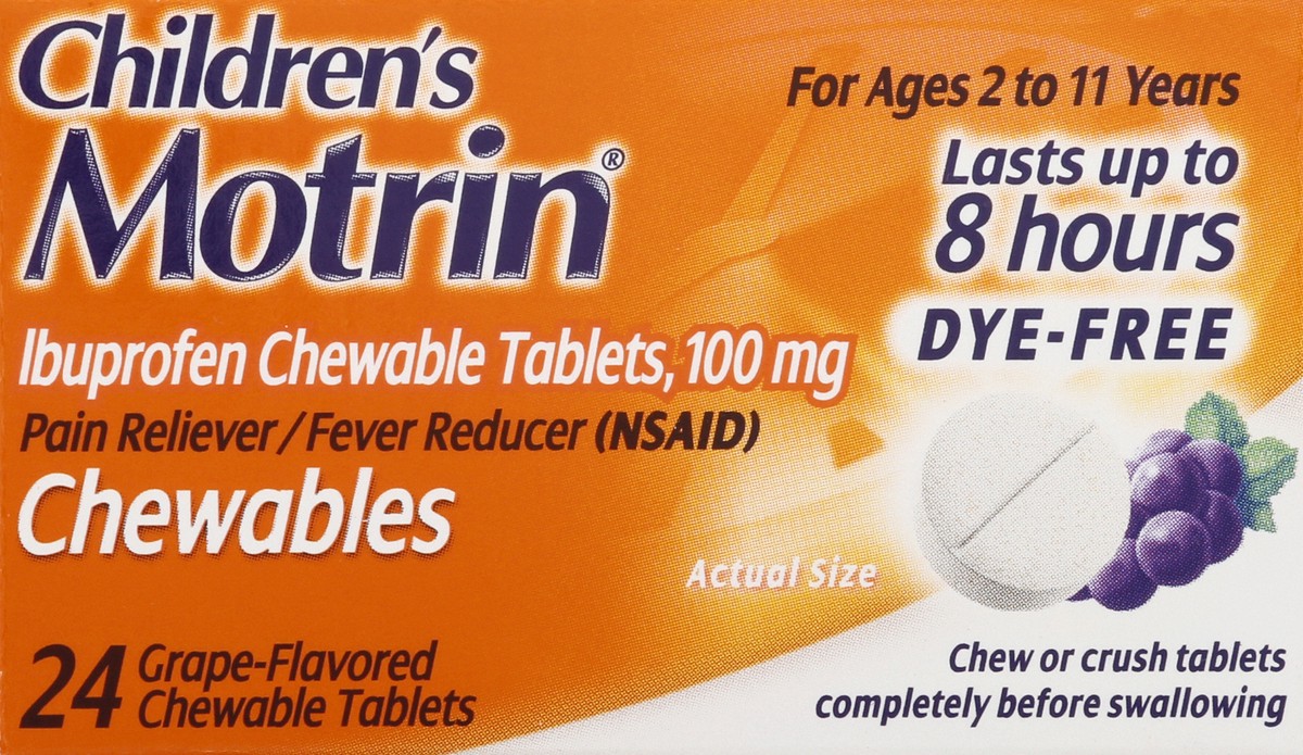 slide 5 of 11, Children's Motrin Dye-Free Chewable Tablets with Ibuprofen, Kids' Fever Reducer & Pain Reliever for Sore Throat, Fever, Toothache & Pain Relief, Grape Flavor, 24 ct, 24 ct