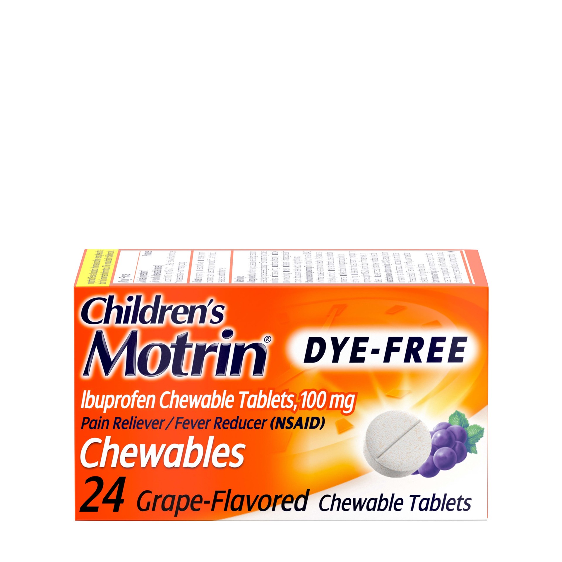 slide 1 of 11, Children's Motrin Dye-Free Chewable Tablets with Ibuprofen, Kids' Fever Reducer & Pain Reliever for Sore Throat, Fever, Toothache & Pain Relief, Grape Flavor, 24 ct, 24 ct