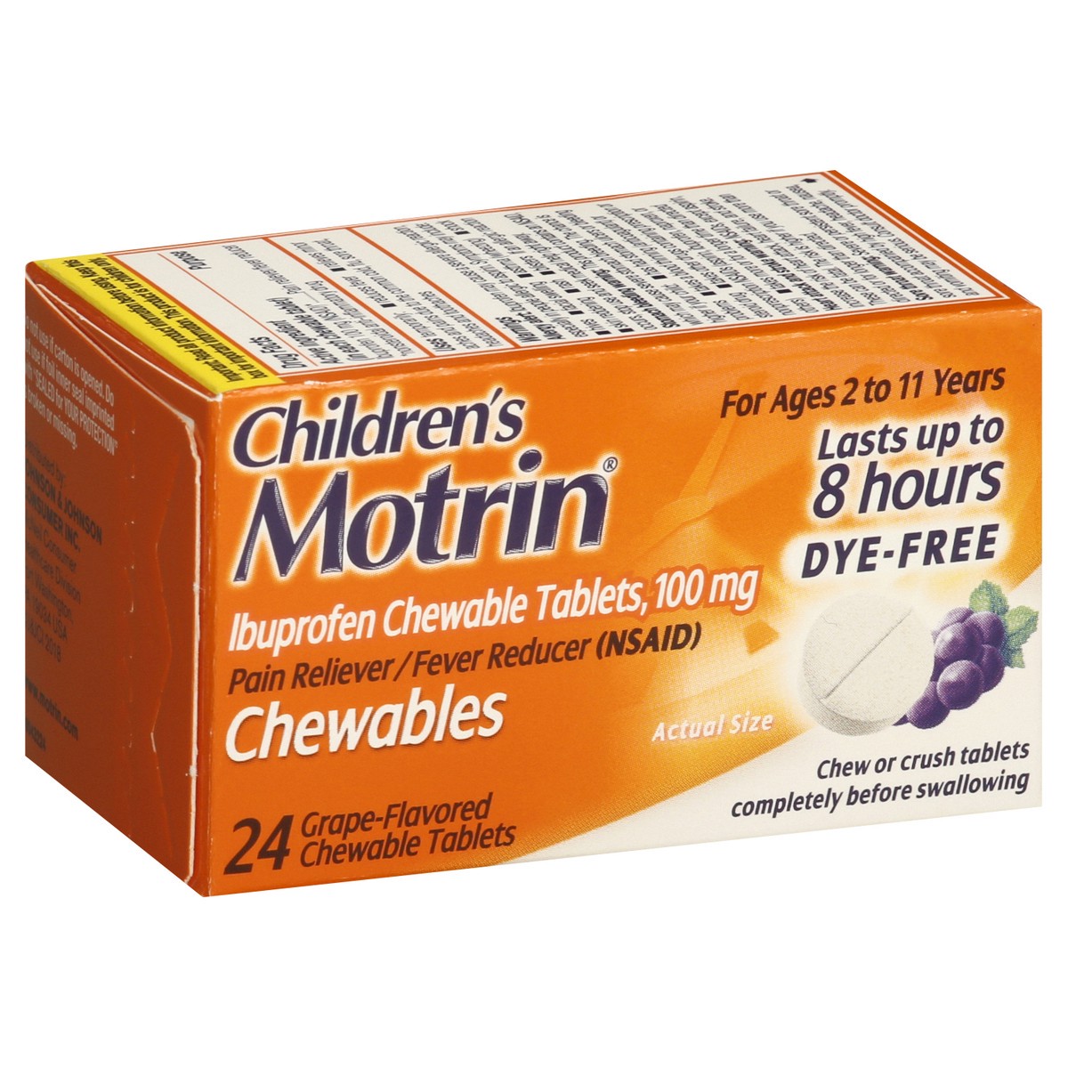 slide 8 of 11, Children's Motrin Dye-Free Chewable Tablets with Ibuprofen, Kids' Fever Reducer & Pain Reliever for Sore Throat, Fever, Toothache & Pain Relief, Grape Flavor, 24 ct, 24 ct