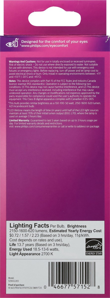 slide 6 of 9, Philips 18.5-Watt (150-Watt) A21 3-Way Led Light Bulbs, 1 ct