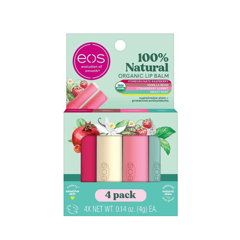 slide 1 of 7, eos 100% Natural Organic Pomegranate Raspberry/Vanilla Bean/Strawberry Sorbet/Sweet Mint Lip Balm 4 - 0.14 oz Tubes, 4 ct