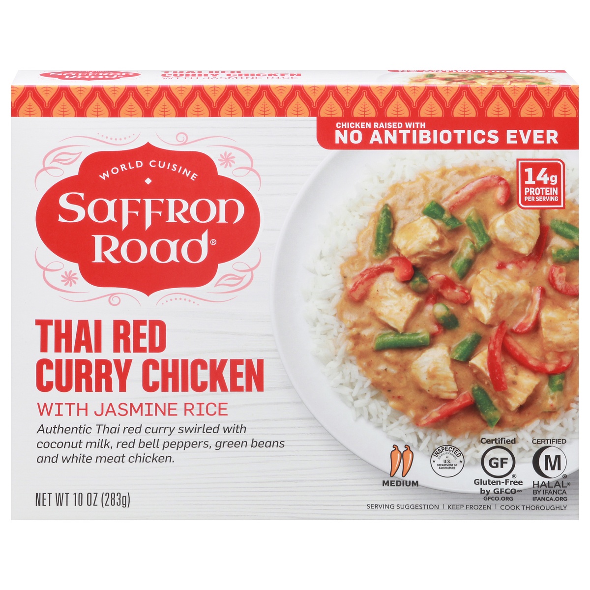 slide 1 of 9, Saffron Road Thai Red Curry Chicken With Jasmine Rice Frozen Entree, 10 oz