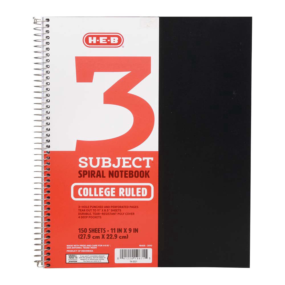 slide 1 of 1, H-E-B Black 3 Subject College Rule Spiral Notebook, 150 ct